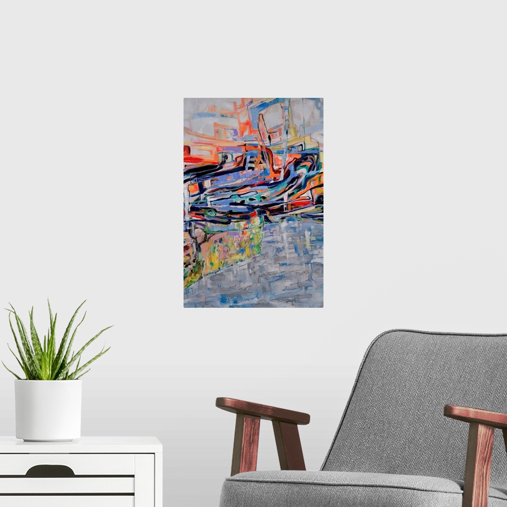 A modern room featuring An abstract painting inspired by the Australian landscape of a cool billabong nestled amongst rug...