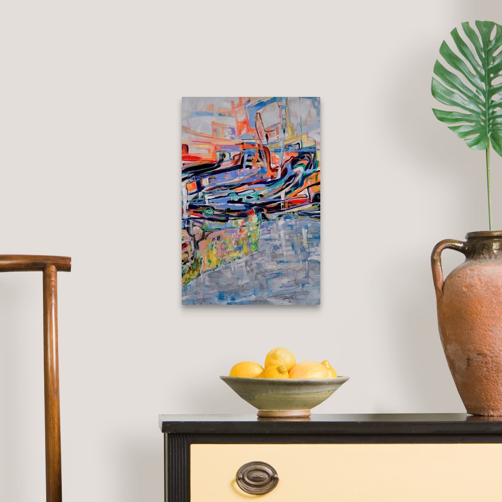 A traditional room featuring An abstract painting inspired by the Australian landscape of a cool billabong nestled amongst rug...