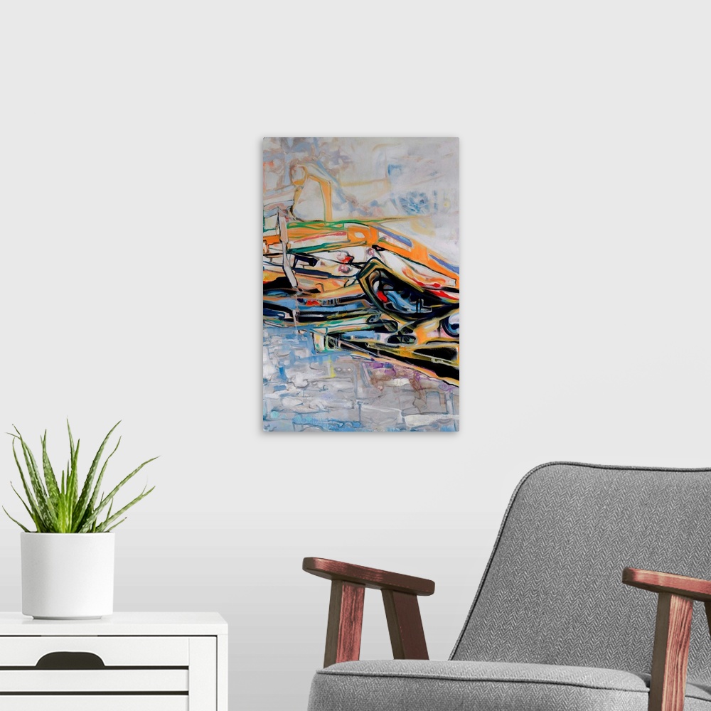 A modern room featuring An abstract painting inspired by the Australian landscape of a cool billabong nestled amongst rug...