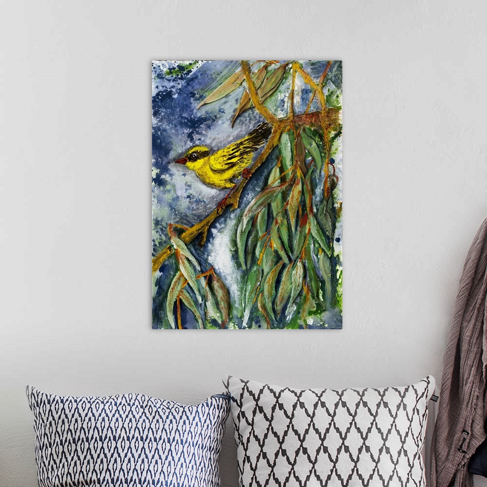 A bohemian room featuring Painting of a yellow bird with a red beak and a matching pair of red legs, taking a quick break o...