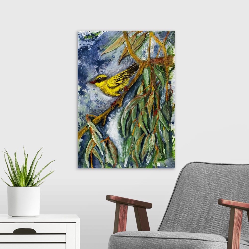 A modern room featuring Painting of a yellow bird with a red beak and a matching pair of red legs, taking a quick break o...