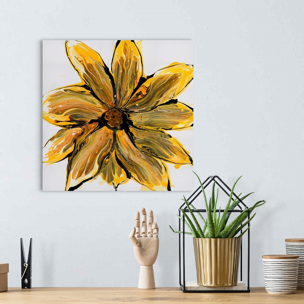 A bohemian room featuring Pour painting of a vibrant flower using yellow, black and orange paint to form a subtle flowing p...