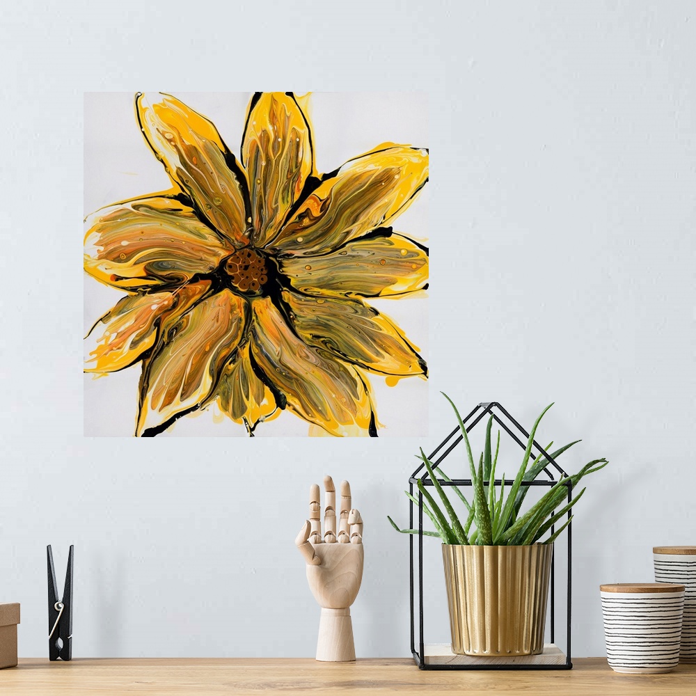 A bohemian room featuring Pour painting of a vibrant flower using yellow, black and orange paint to form a subtle flowing p...