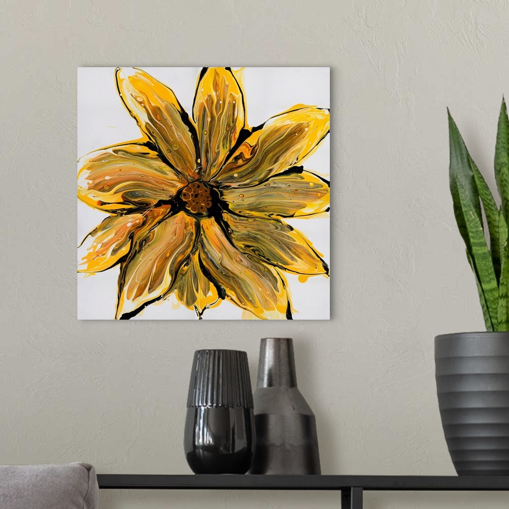 A modern room featuring Pour painting of a vibrant flower using yellow, black and orange paint to form a subtle flowing p...