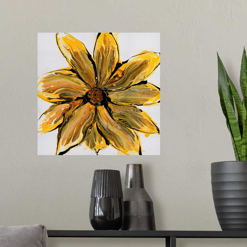 A modern room featuring Pour painting of a vibrant flower using yellow, black and orange paint to form a subtle flowing p...