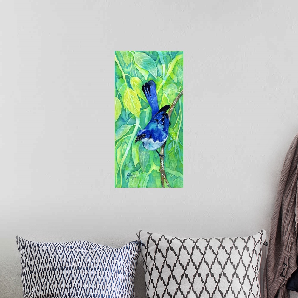 A bohemian room featuring This beautiful blue bird is painted in watercolor on paper with bright yellow green background of...