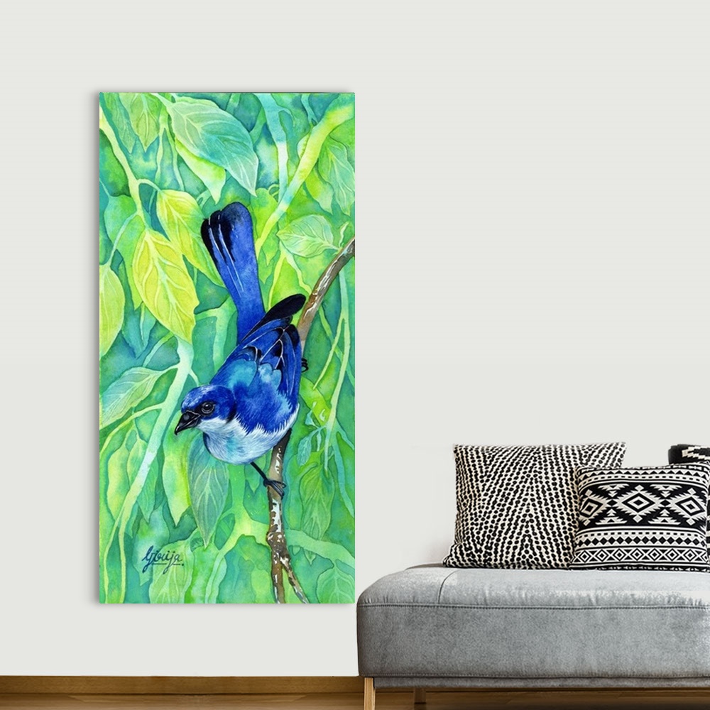 A bohemian room featuring This beautiful blue bird is painted in watercolor on paper with bright yellow green background of...