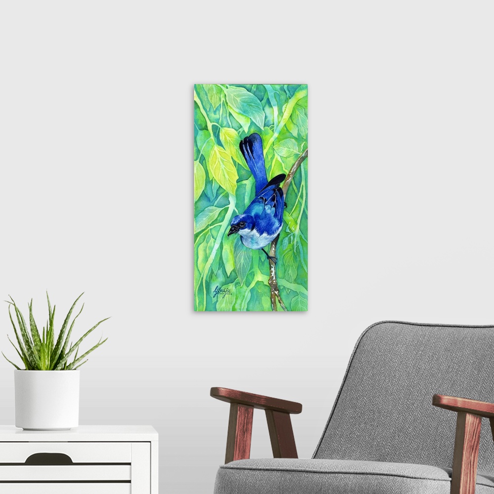 A modern room featuring This beautiful blue bird is painted in watercolor on paper with bright yellow green background of...