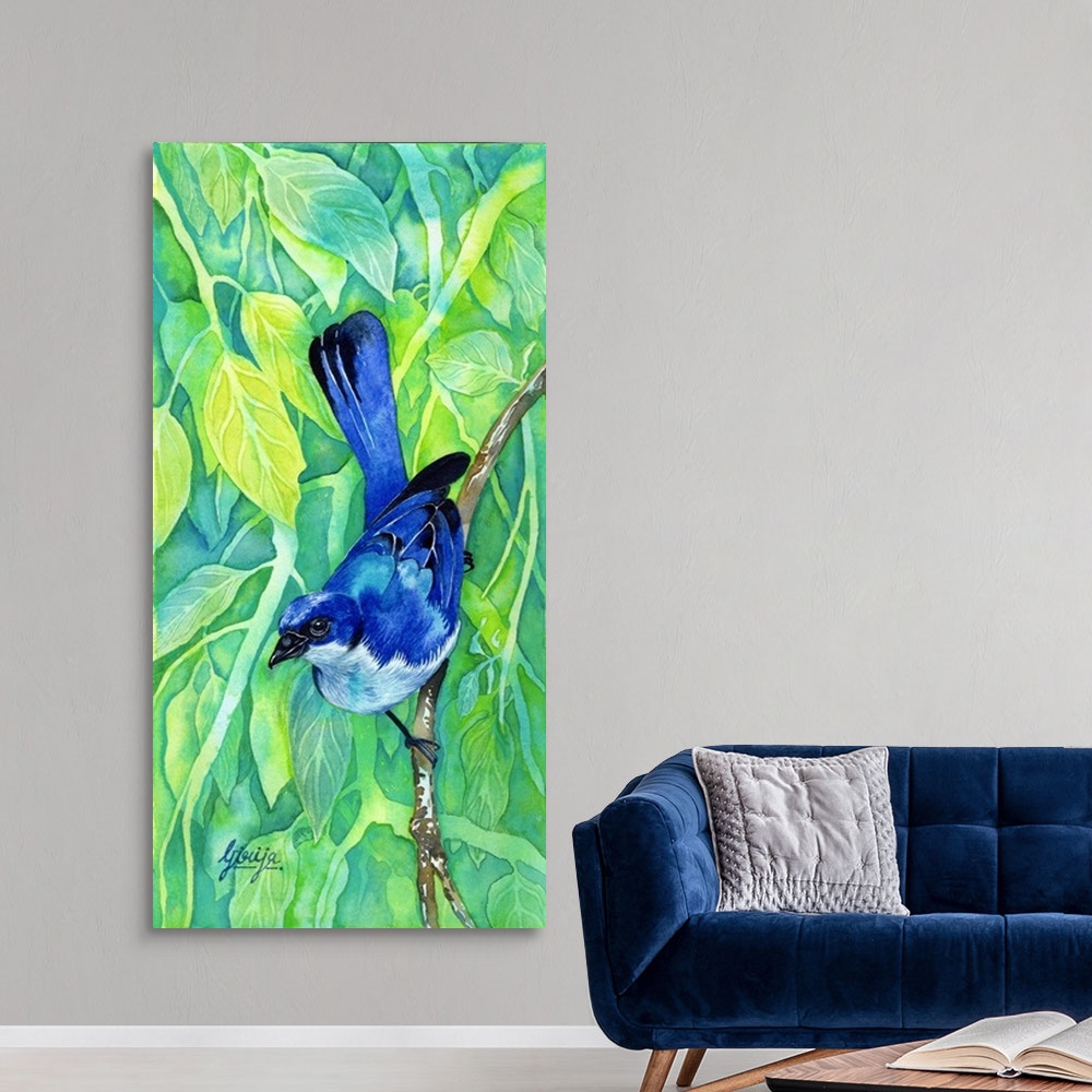 A modern room featuring This beautiful blue bird is painted in watercolor on paper with bright yellow green background of...