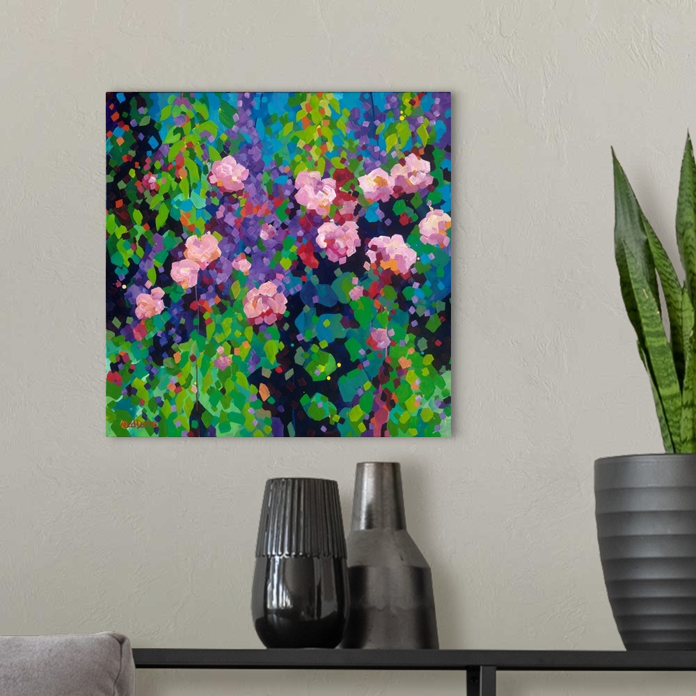 A modern room featuring Contemporary kaleidoscope like painting of pink roses and purple flowers.