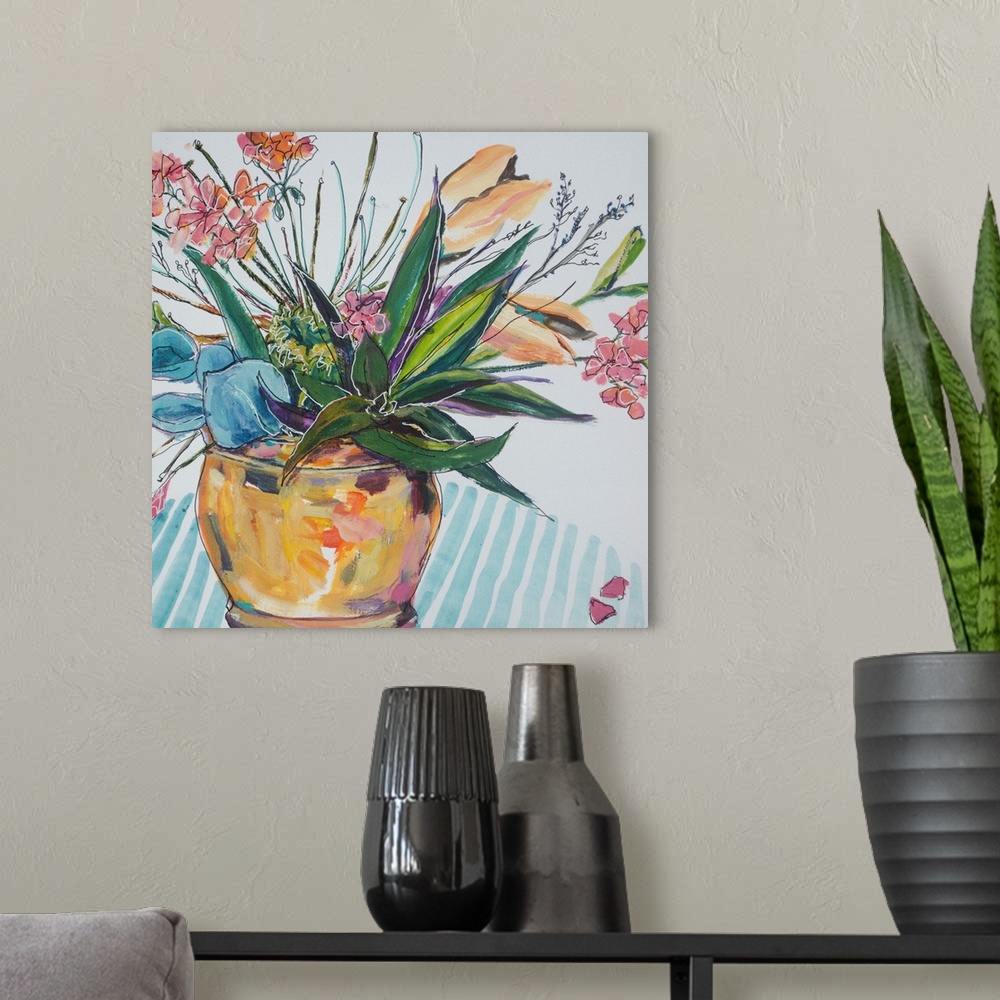 A modern room featuring Pen and wash illustration of a bright, cheerful, bowl of flowers on striped cloth.