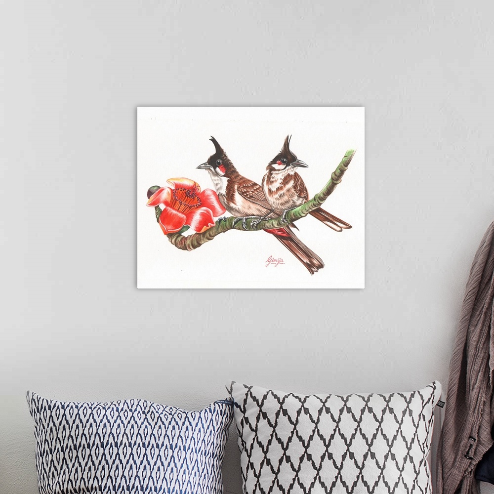 A bohemian room featuring Beautiful pair of bulbul birds sitting on a branch painted in watercolor on paper.