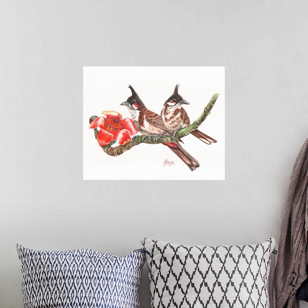 A bohemian room featuring Beautiful pair of bulbul birds sitting on a branch painted in watercolor on paper.