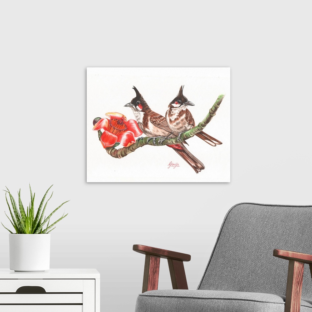 A modern room featuring Beautiful pair of bulbul birds sitting on a branch painted in watercolor on paper.