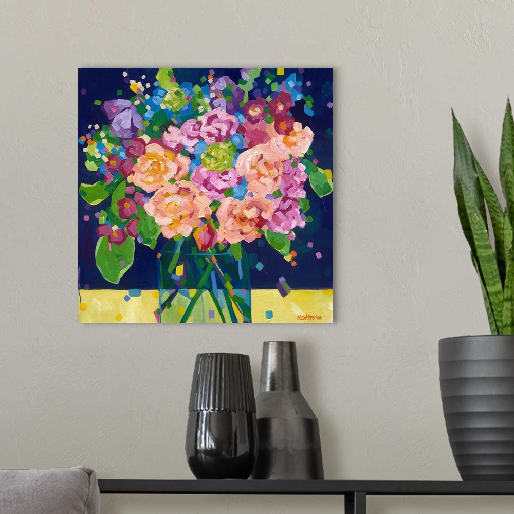 A modern room featuring Bouquet of flowers in a glass vase painted with loose paint filled brushstrokes.