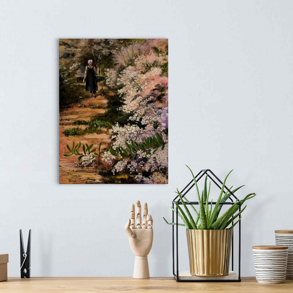 A bohemian room featuring Painting of a walking trail, lined with bushes and plentiful delicate flowers in a pastel color s...
