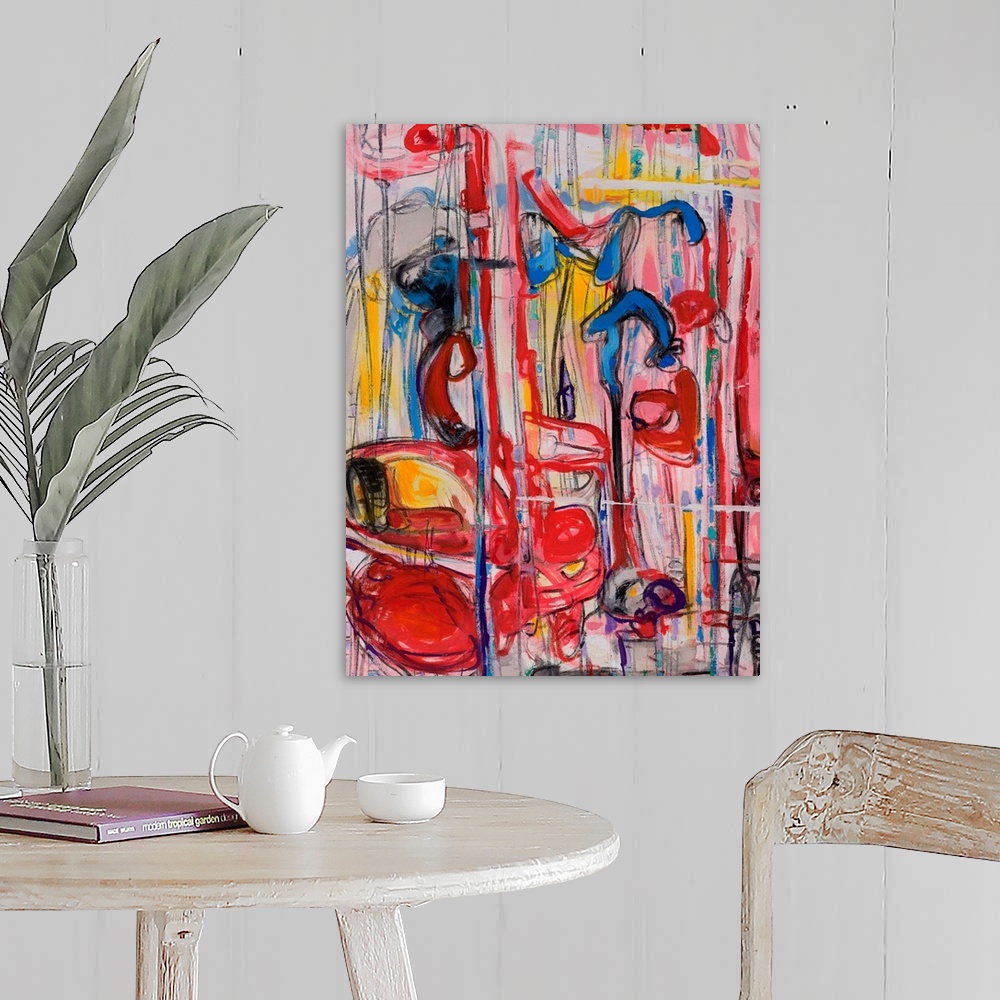A farmhouse room featuring An abstract painting of a room by the bay flooded with the morning light; chair by the balcony.