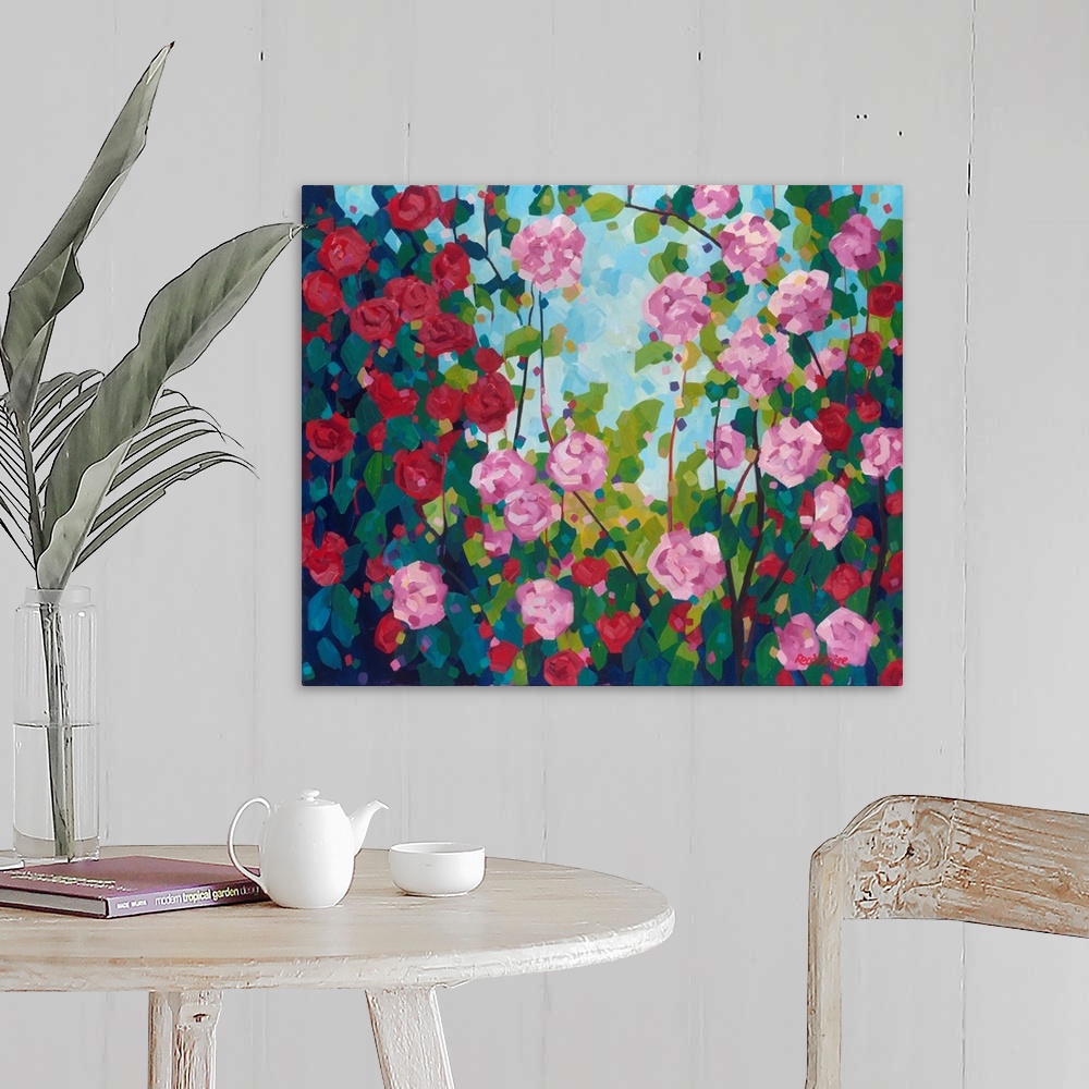 A farmhouse room featuring Pink and red camellias in the garden, with square strokes of paint floating in the blue sky.