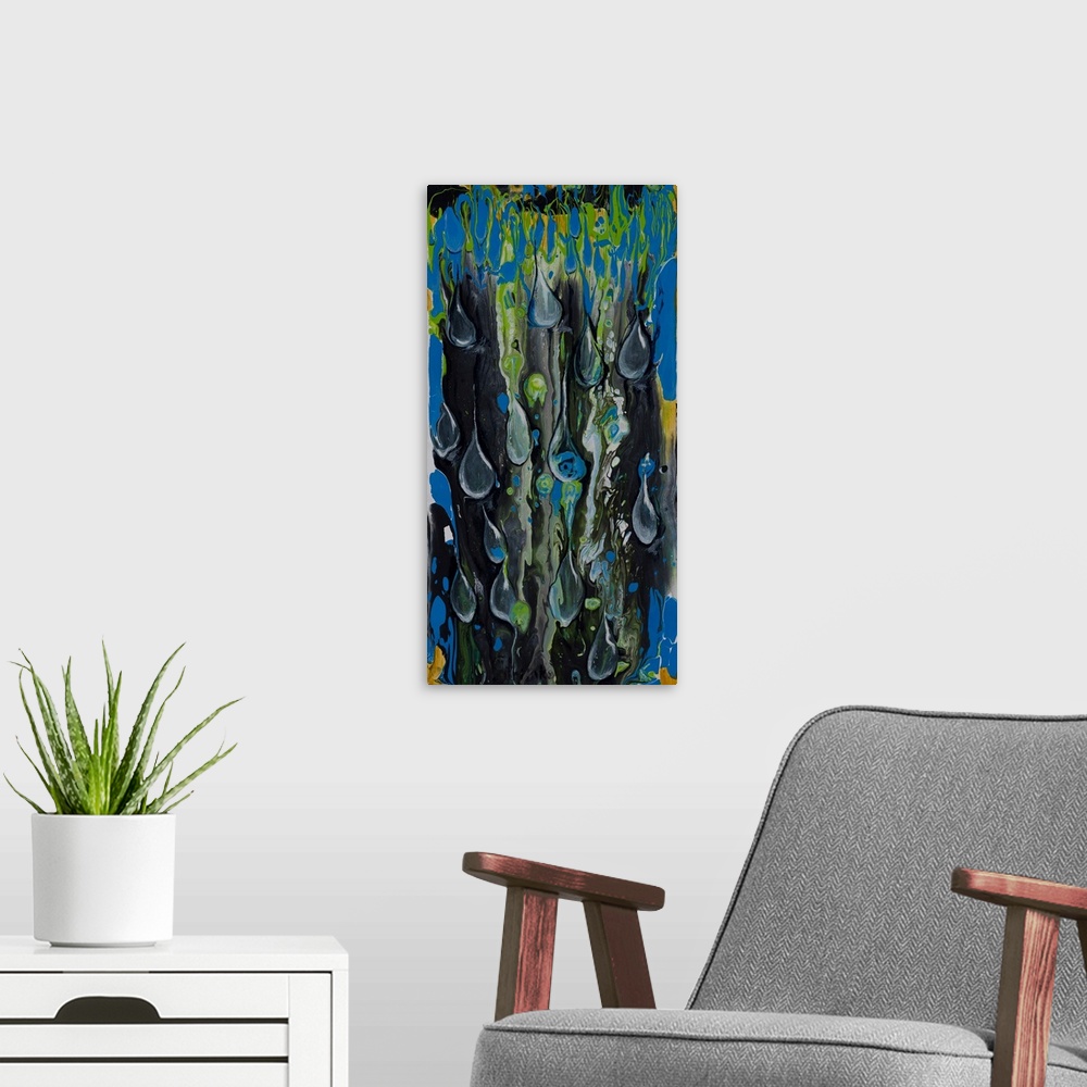 A modern room featuring Painting of the burning candle and drops of hot wax using cool colors and dark tones to challenge...