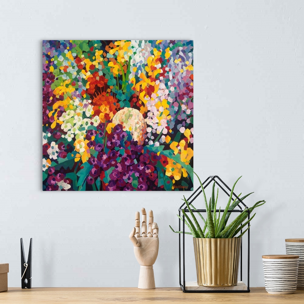 A bohemian room featuring Contemporary painting of flowers in a floral arrangement using square brushstrokes of many colors.