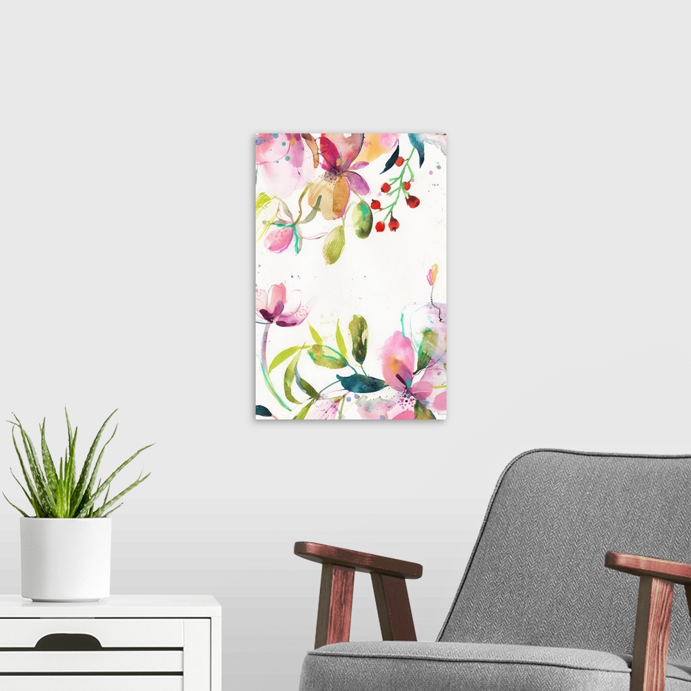 A modern room featuring Cheer is a beautiful floral artwork that really captures the duality of berries which are both wi...