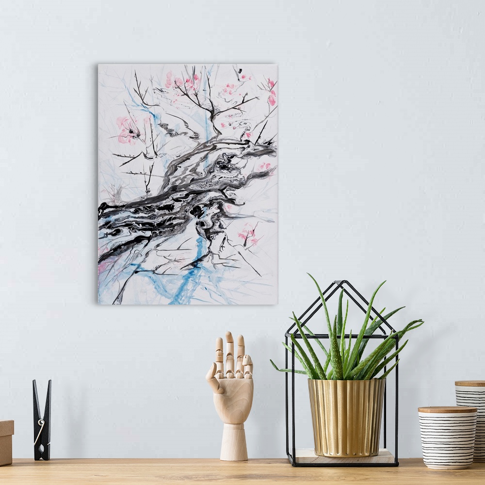 A bohemian room featuring Painting of impressionistic branches with cherry bloom in a pastel color palette with translucent...
