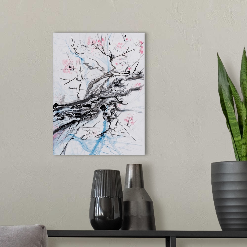 A modern room featuring Painting of impressionistic branches with cherry bloom in a pastel color palette with translucent...