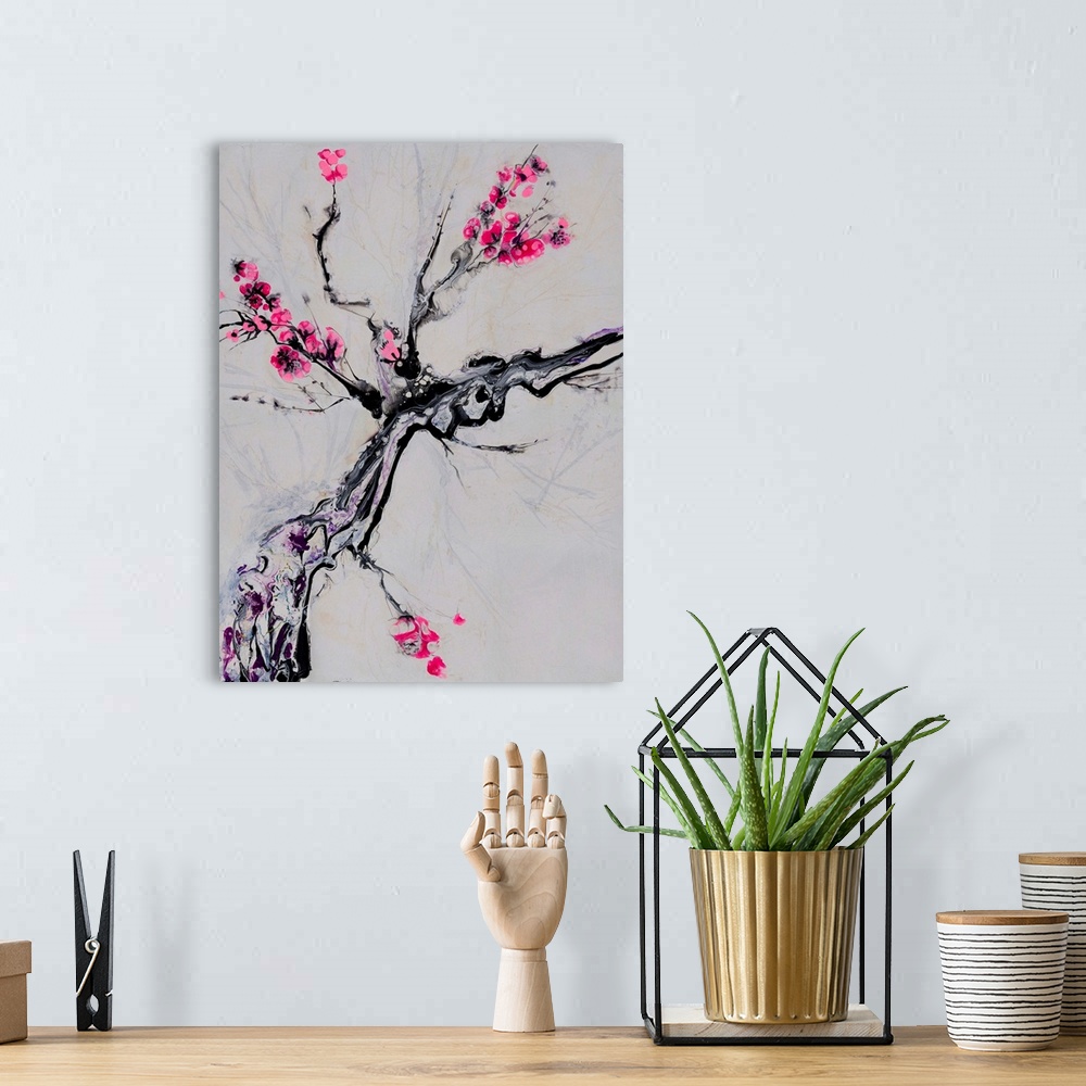 A bohemian room featuring Close-up of a tree branch in pouring technique, accentuated by thin black brushstrokes and airy p...