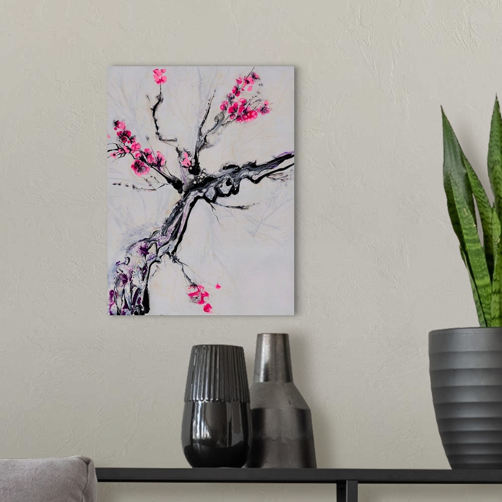 A modern room featuring Close-up of a tree branch in pouring technique, accentuated by thin black brushstrokes and airy p...