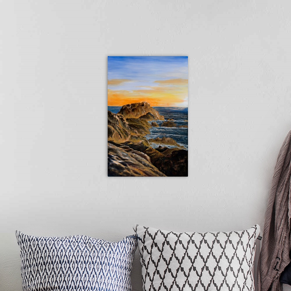 A bohemian room featuring Painting of Coffs harbour beach at sunrise using bright colors and balanced composition to create...
