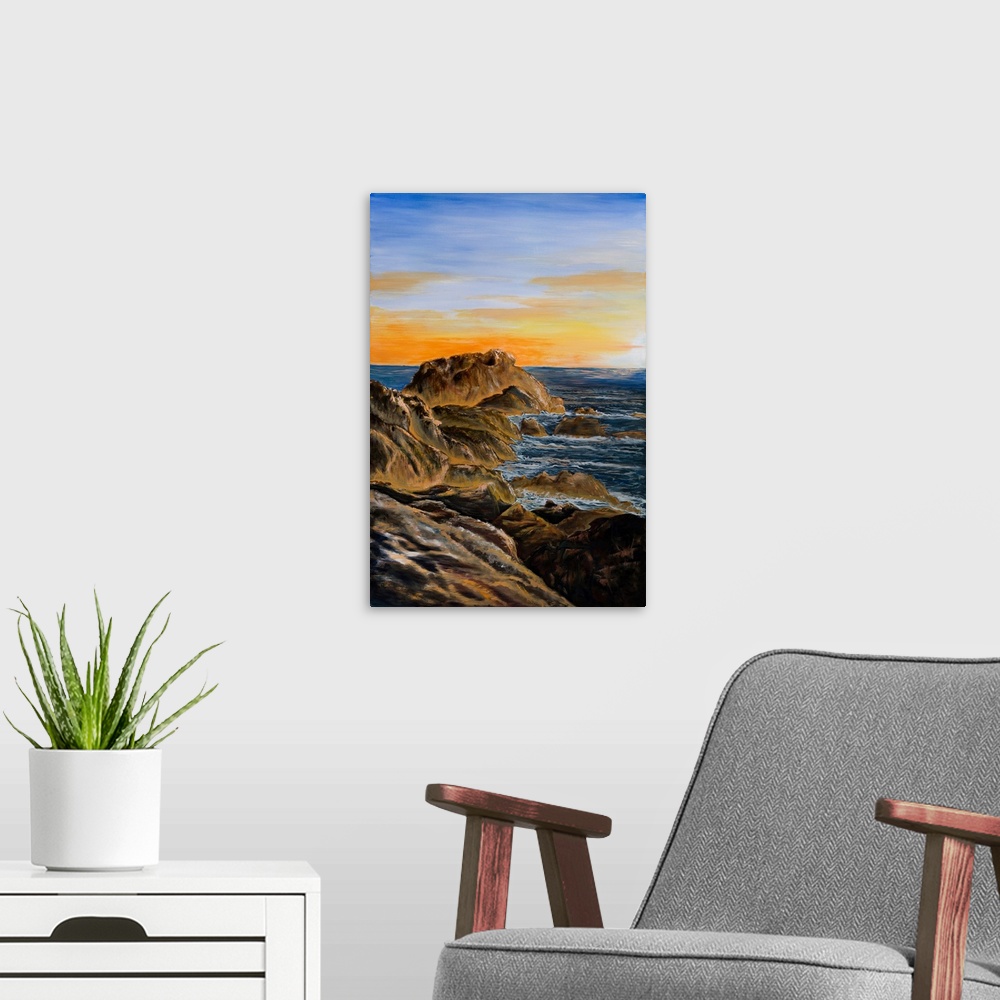 A modern room featuring Painting of Coffs harbour beach at sunrise using bright colors and balanced composition to create...