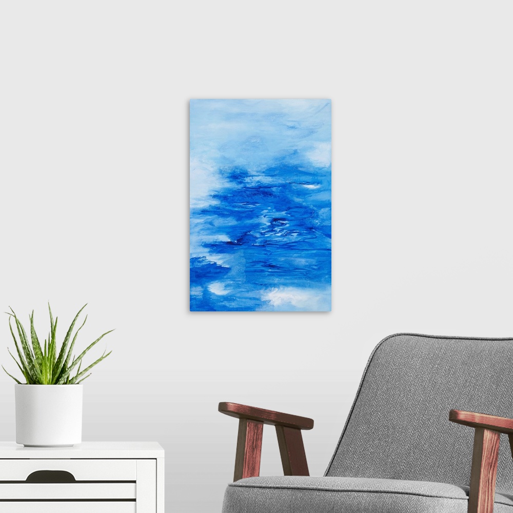 A modern room featuring Painting on paper of the ocean from the clouds.