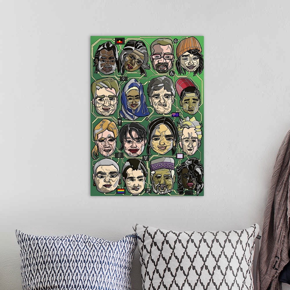 A bohemian room featuring Illustration of robotic faces connected as components on a circuit board.