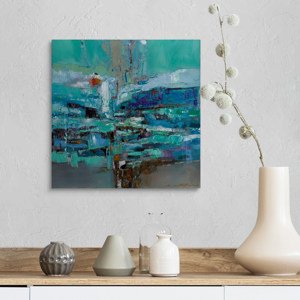 A farmhouse room featuring An inspired abstract landscape capturing a melancholic mood of the coolness of a meandering estua...