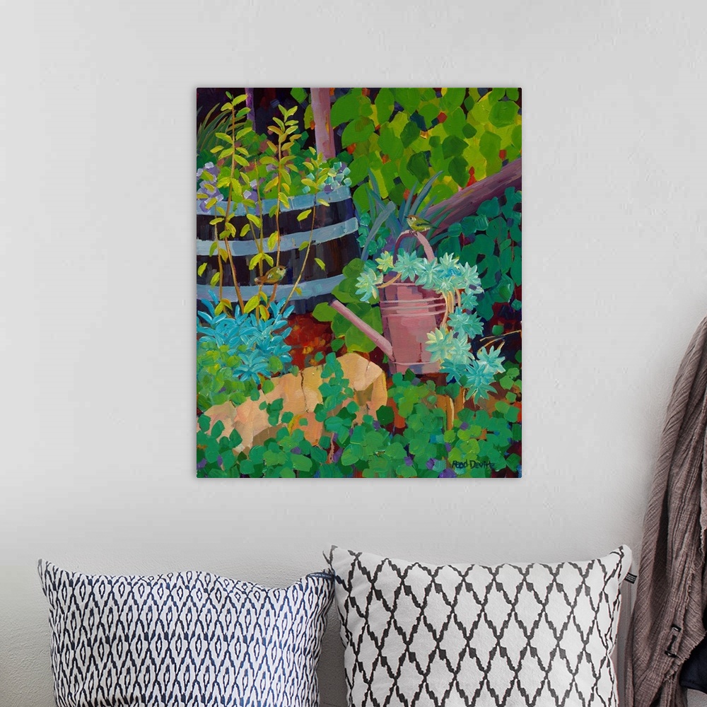A bohemian room featuring Painting of two little brown birds in a garden with succulents planted in a watering can and a ba...