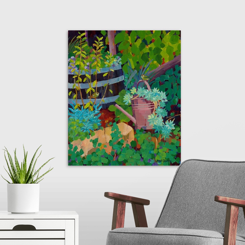 A modern room featuring Painting of two little brown birds in a garden with succulents planted in a watering can and a ba...