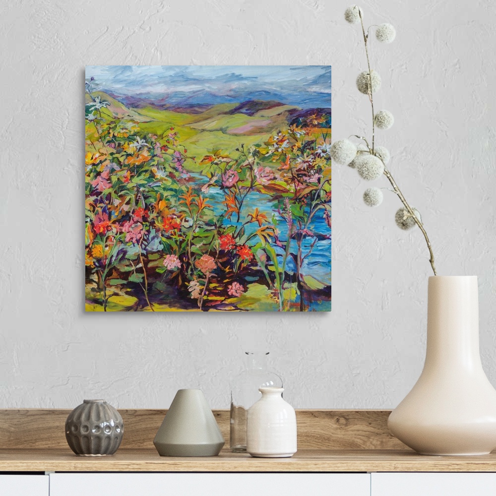A farmhouse room featuring Contemporary impressionist painting with colorful flowers and fruit in a landscape.
