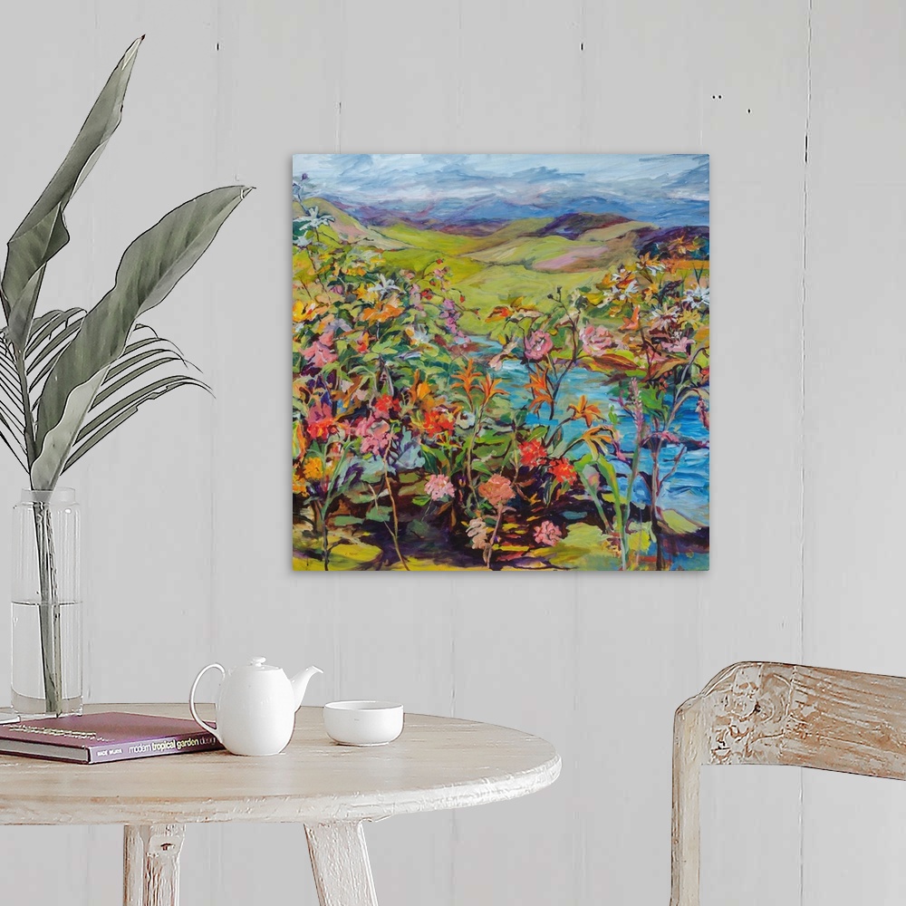 A farmhouse room featuring Contemporary impressionist painting with colorful flowers and fruit in a landscape.