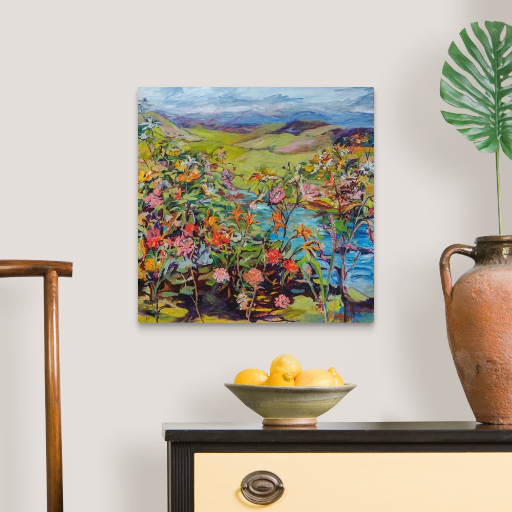 A traditional room featuring Contemporary impressionist painting with colorful flowers and fruit in a landscape.