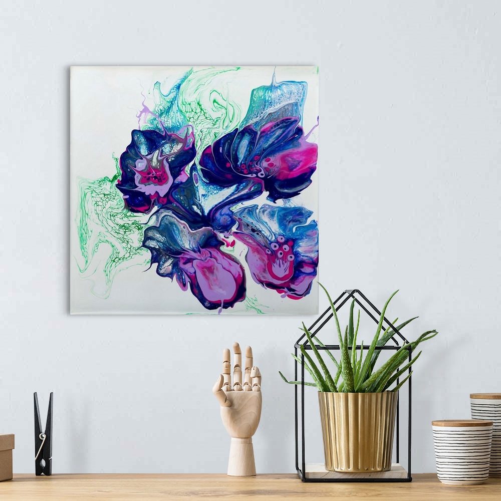 A bohemian room featuring Pour painting of abstract flowers with blue, purple and green colors on a white background for co...