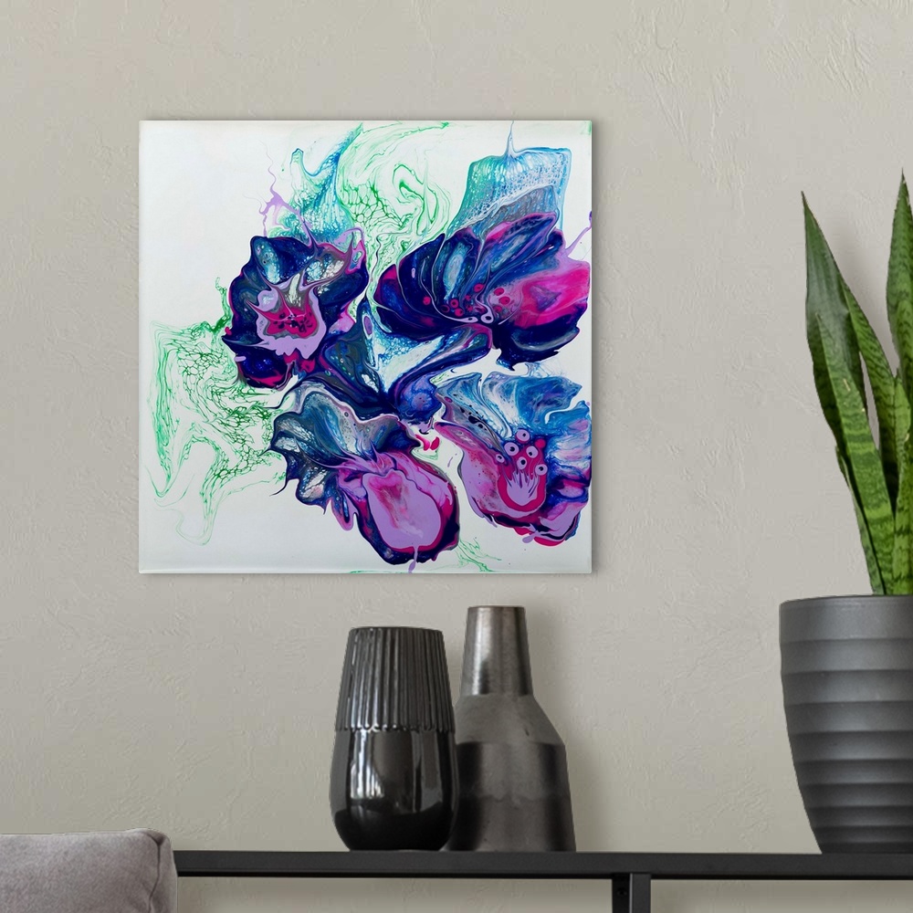 A modern room featuring Pour painting of abstract flowers with blue, purple and green colors on a white background for co...