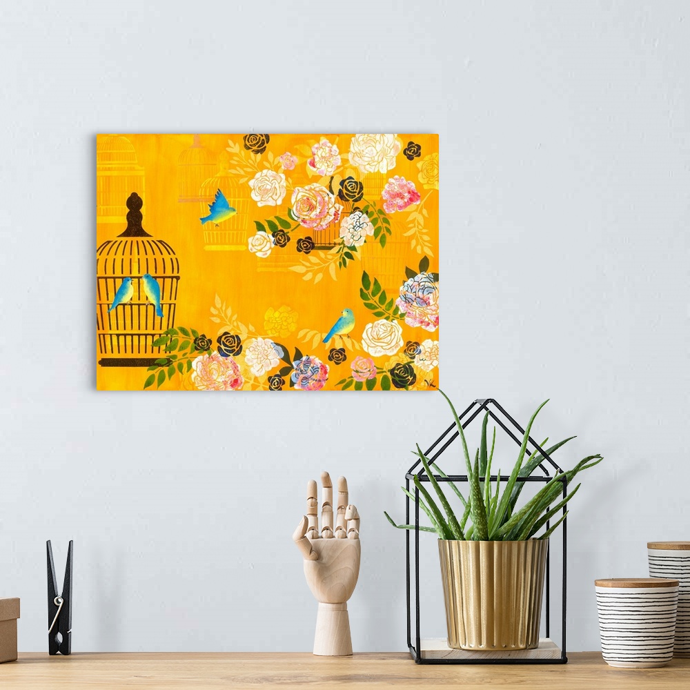 A bohemian room featuring Painting of birds flying out of cage into a garden of roses against yellow background.