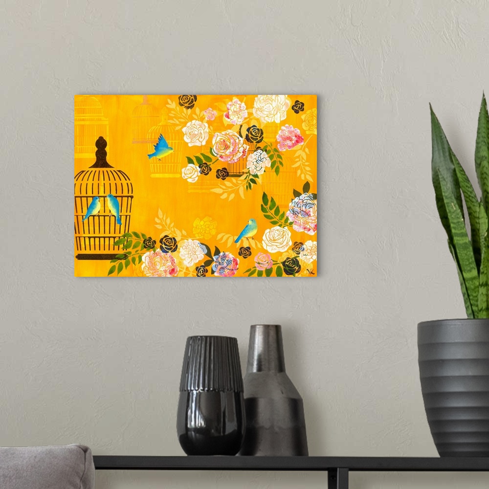 A modern room featuring Painting of birds flying out of cage into a garden of roses against yellow background.