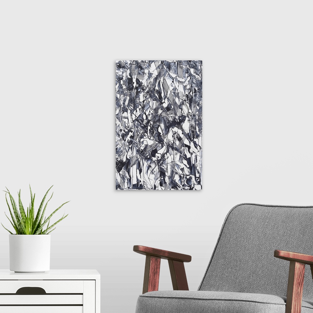 A modern room featuring Painting on paper of a black and white medley of organic shapes.
