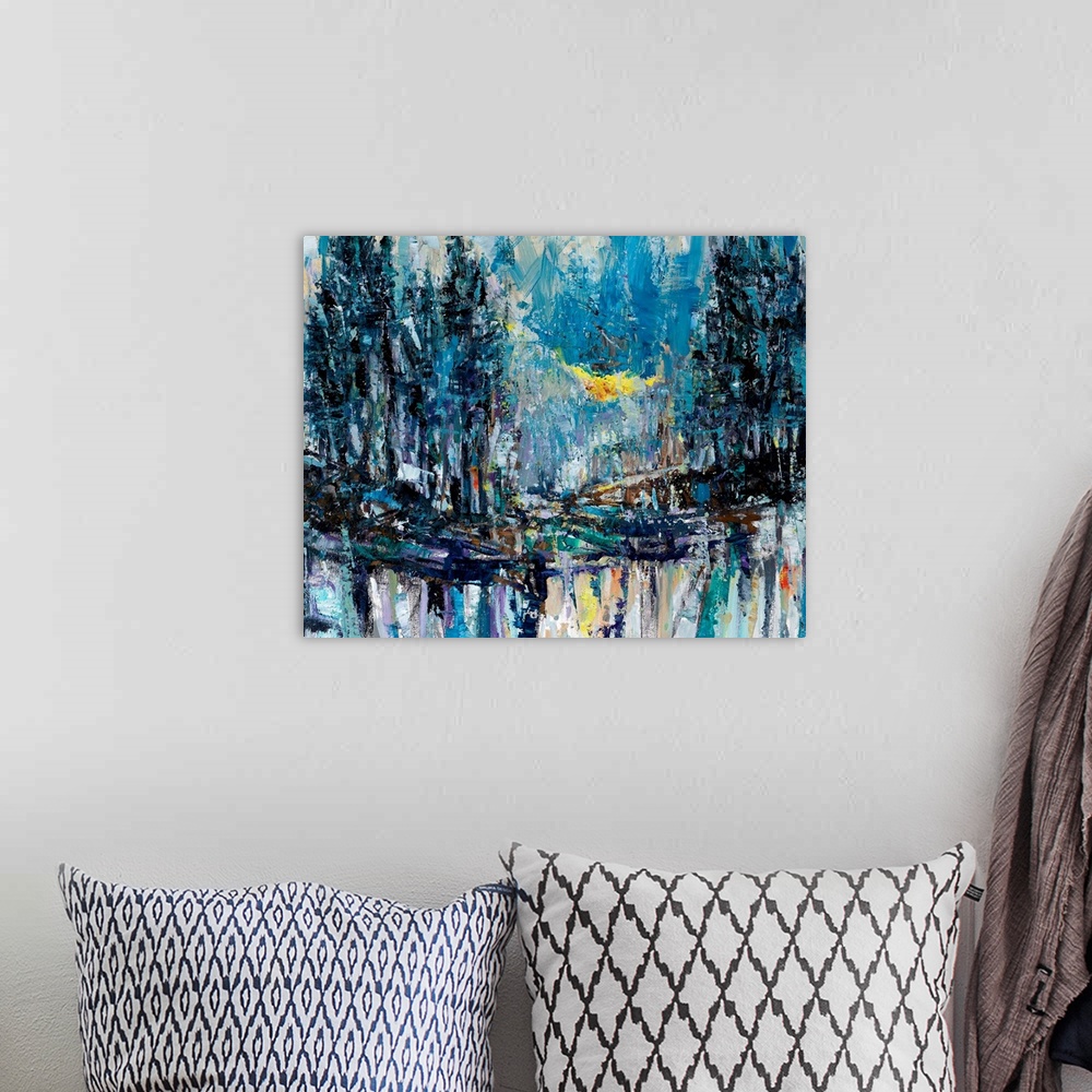 A bohemian room featuring An abstract landscape depicting an imaginary stroll into the distance, or deeper into one's mind;...