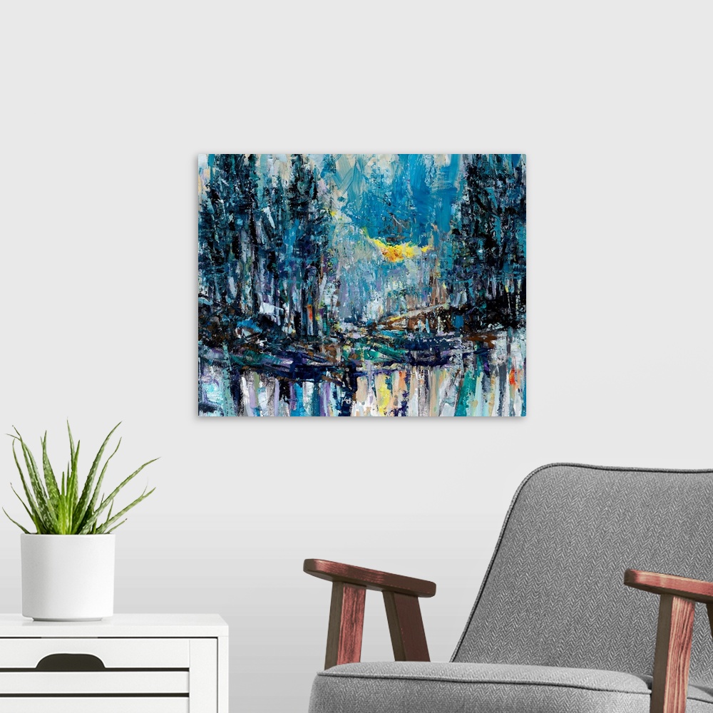 A modern room featuring An abstract landscape depicting an imaginary stroll into the distance, or deeper into one's mind;...
