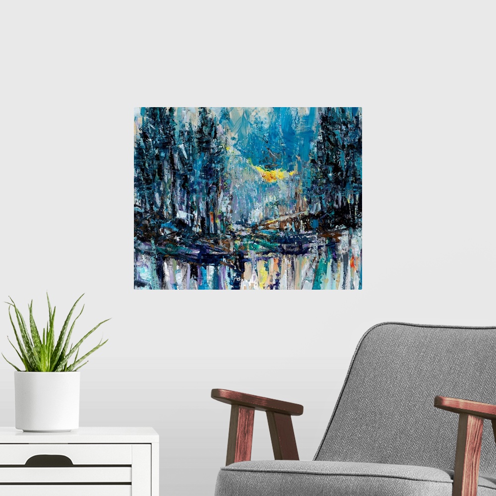 A modern room featuring An abstract landscape depicting an imaginary stroll into the distance, or deeper into one's mind;...