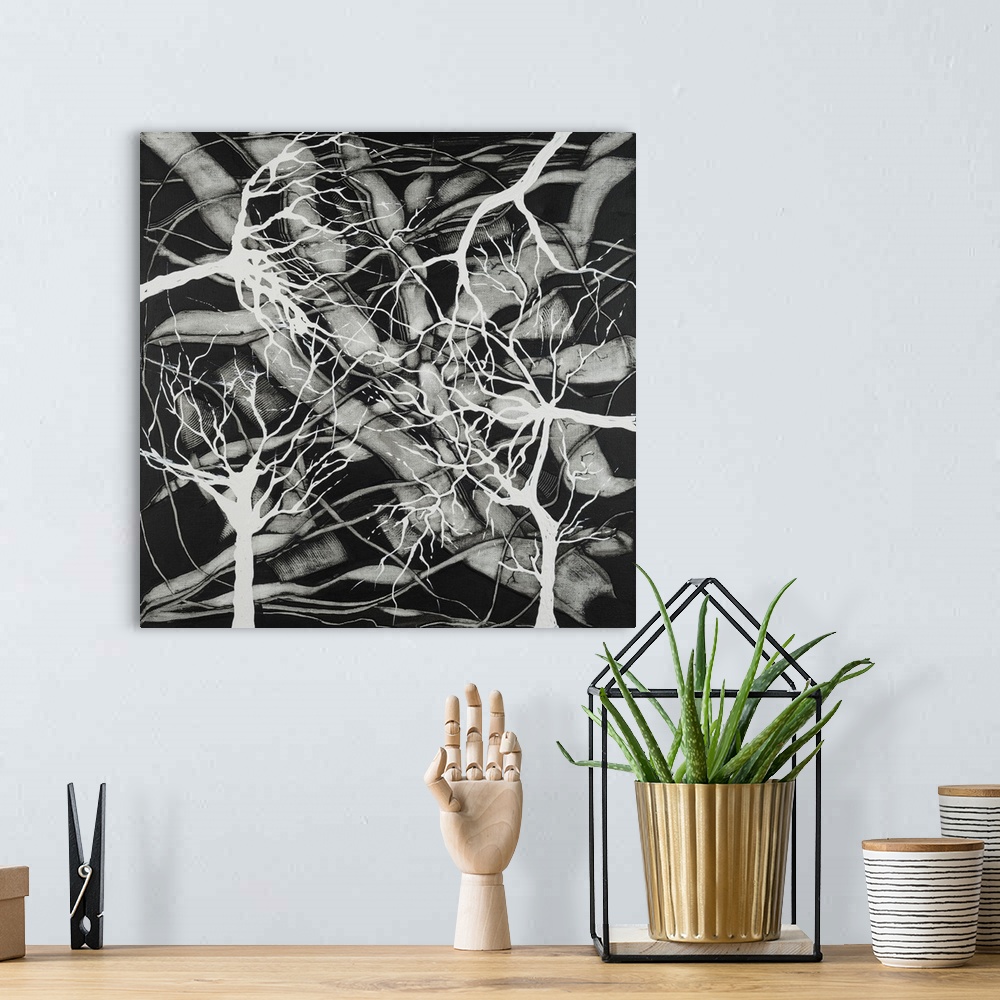 A bohemian room featuring Painting on canvas of natural form in black and white.