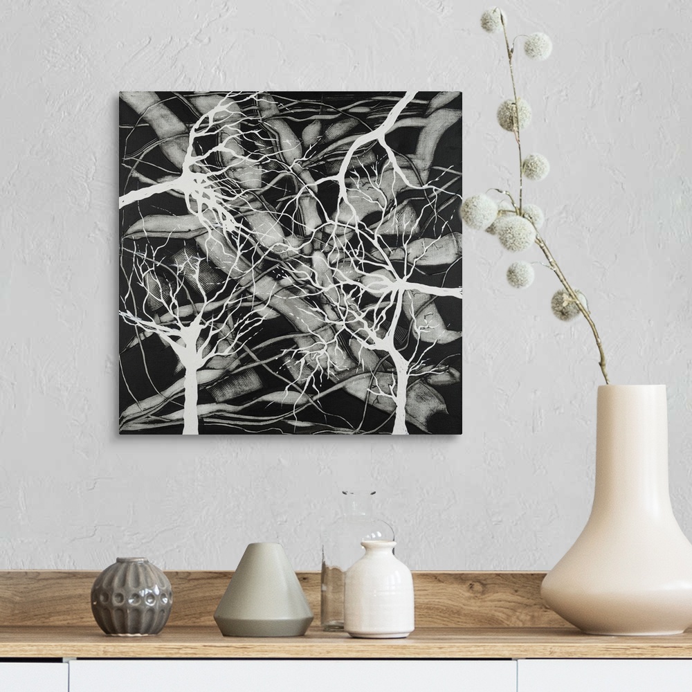 A farmhouse room featuring Painting on canvas of natural form in black and white.
