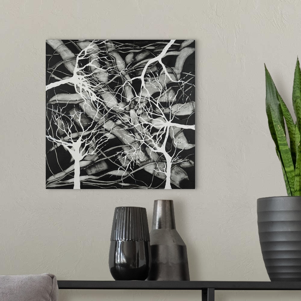 A modern room featuring Painting on canvas of natural form in black and white.